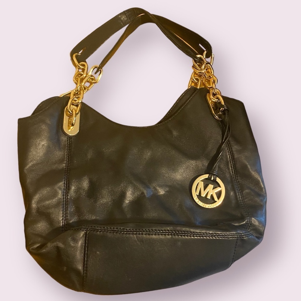 Michael Kors Black Leather Shoulder Bag W/ Gold Hardware